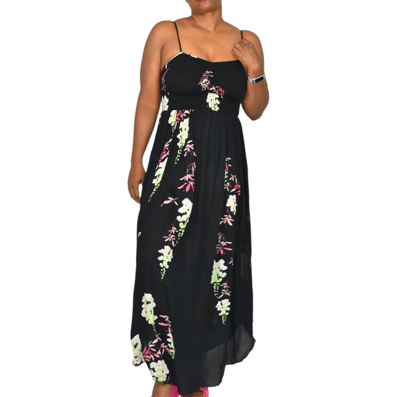 Free People Beau Midi Dress Black Floral Gauzy Smock Slip Sweetheart Sundress XS - Picture 8 of 15